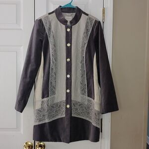 Chico’s Silver Treasure Artisan velvet lace  Duster Jacket Sz 1 Medium
